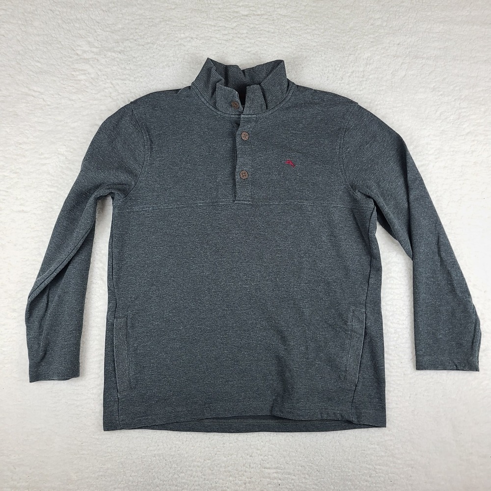 Tommy Bahama Sweater Mens Large Dark Gray Button Front Pullover Cotton Blend